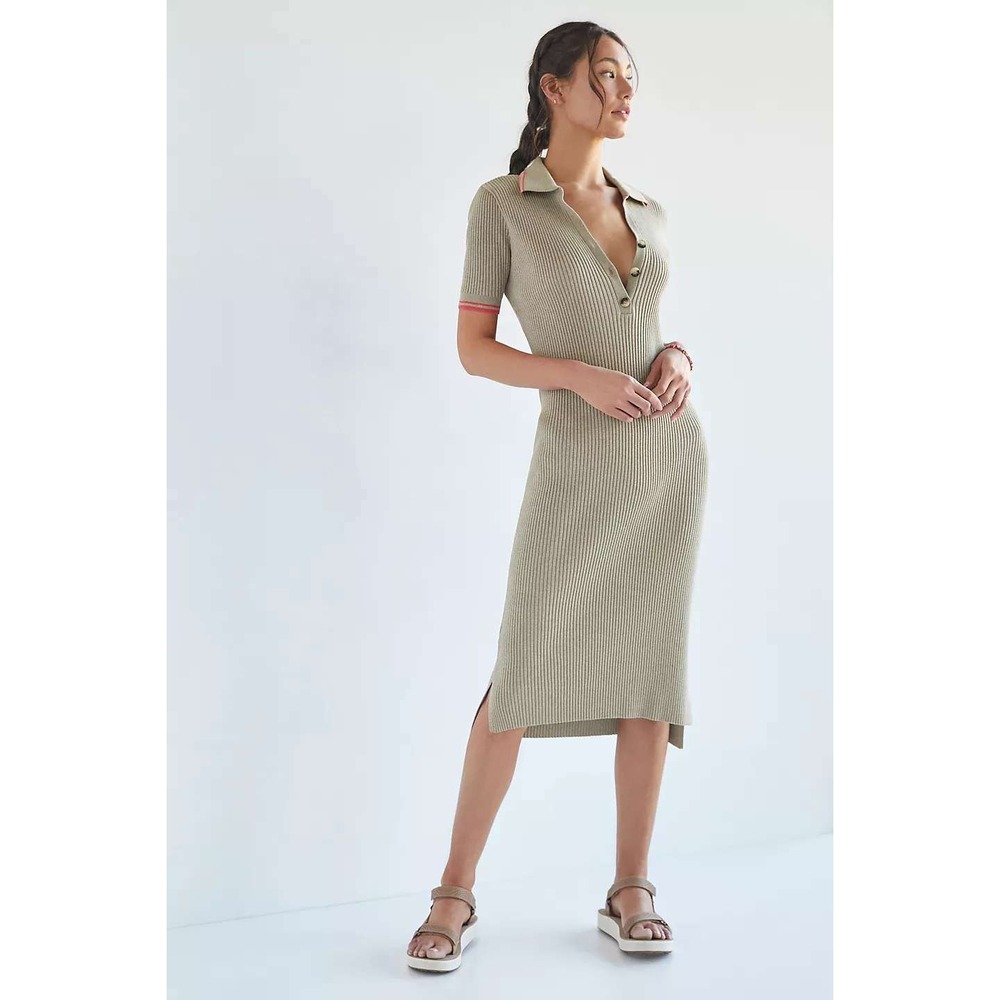 Anthropologie Saturday Sunday Ribbed Polo Midi Dress size M Tan Pink Trim Fall